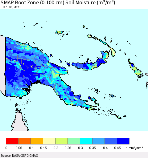 Papua New Guinea SMAP Root Zone (0-100 cm) Soil Moisture (m³/m³) Thematic Map For 1/6/2023 - 1/10/2023