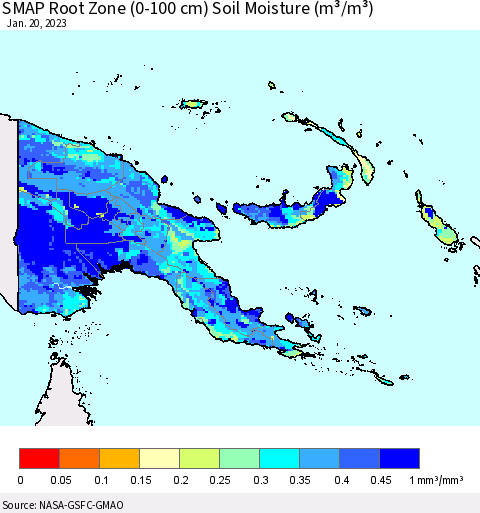 Papua New Guinea SMAP Root Zone (0-100 cm) Soil Moisture (m³/m³) Thematic Map For 1/16/2023 - 1/20/2023