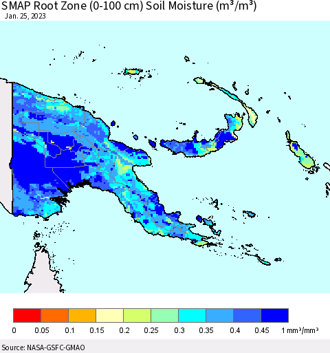 Papua New Guinea SMAP Root Zone (0-100 cm) Soil Moisture (m³/m³) Thematic Map For 1/21/2023 - 1/25/2023
