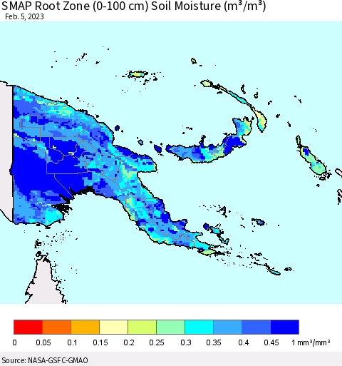 Papua New Guinea SMAP Root Zone (0-100 cm) Soil Moisture (m³/m³) Thematic Map For 2/1/2023 - 2/5/2023