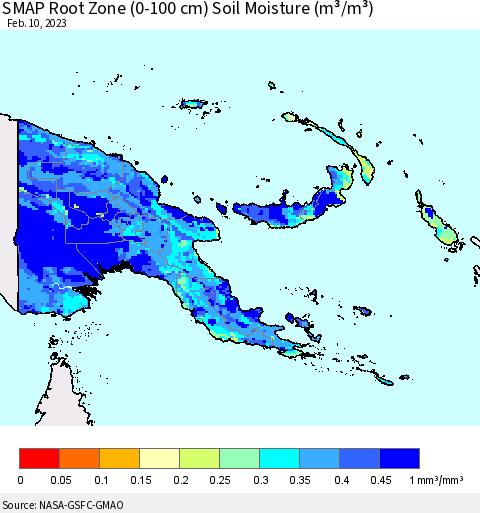 Papua New Guinea SMAP Root Zone (0-100 cm) Soil Moisture (m³/m³) Thematic Map For 2/6/2023 - 2/10/2023