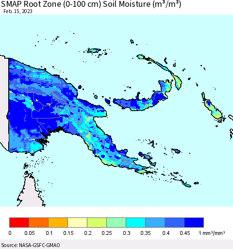 Papua New Guinea SMAP Root Zone (0-100 cm) Soil Moisture (m³/m³) Thematic Map For 2/11/2023 - 2/15/2023