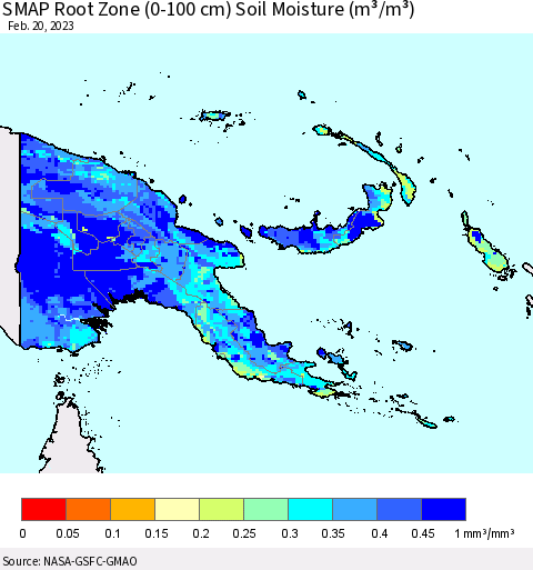 Papua New Guinea SMAP Root Zone (0-100 cm) Soil Moisture (m³/m³) Thematic Map For 2/16/2023 - 2/20/2023