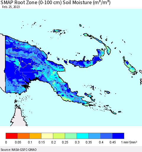 Papua New Guinea SMAP Root Zone (0-100 cm) Soil Moisture (m³/m³) Thematic Map For 2/21/2023 - 2/25/2023