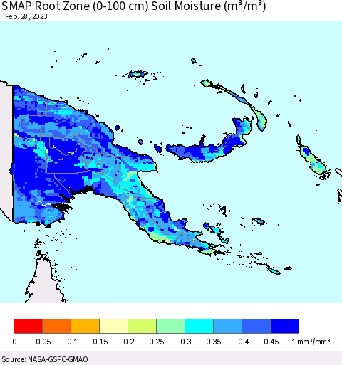 Papua New Guinea SMAP Root Zone (0-100 cm) Soil Moisture (m³/m³) Thematic Map For 2/26/2023 - 2/28/2023