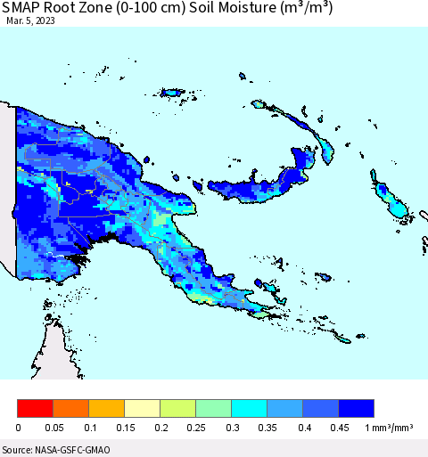 Papua New Guinea SMAP Root Zone (0-100 cm) Soil Moisture (m³/m³) Thematic Map For 3/1/2023 - 3/5/2023