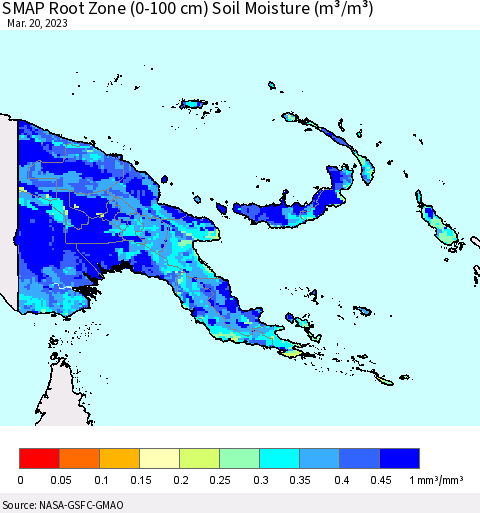 Papua New Guinea SMAP Root Zone (0-100 cm) Soil Moisture (m³/m³) Thematic Map For 3/16/2023 - 3/20/2023