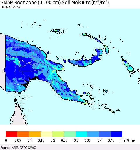 Papua New Guinea SMAP Root Zone (0-100 cm) Soil Moisture (m³/m³) Thematic Map For 3/26/2023 - 3/31/2023