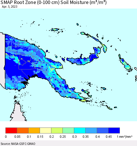 Papua New Guinea SMAP Root Zone (0-100 cm) Soil Moisture (m³/m³) Thematic Map For 4/1/2023 - 4/5/2023