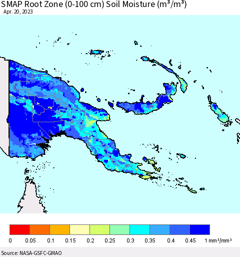 Papua New Guinea SMAP Root Zone (0-100 cm) Soil Moisture (m³/m³) Thematic Map For 4/16/2023 - 4/20/2023