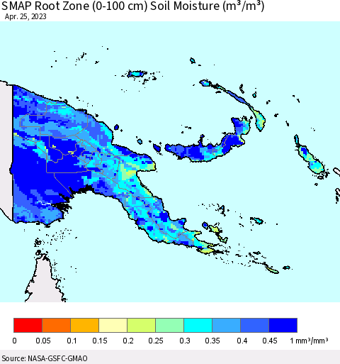 Papua New Guinea SMAP Root Zone (0-100 cm) Soil Moisture (m³/m³) Thematic Map For 4/21/2023 - 4/25/2023