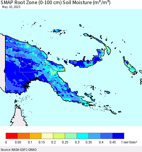 Papua New Guinea SMAP Root Zone (0-100 cm) Soil Moisture (m³/m³) Thematic Map For 5/6/2023 - 5/10/2023