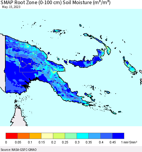 Papua New Guinea SMAP Root Zone (0-100 cm) Soil Moisture (m³/m³) Thematic Map For 5/11/2023 - 5/15/2023