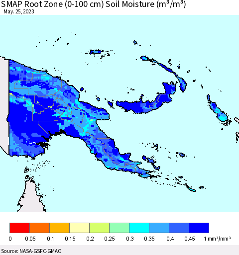 Papua New Guinea SMAP Root Zone (0-100 cm) Soil Moisture (m³/m³) Thematic Map For 5/21/2023 - 5/25/2023
