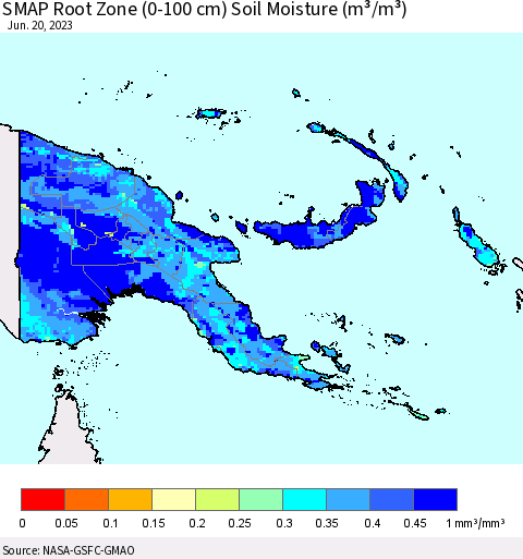 Papua New Guinea SMAP Root Zone (0-100 cm) Soil Moisture (m³/m³) Thematic Map For 6/16/2023 - 6/20/2023