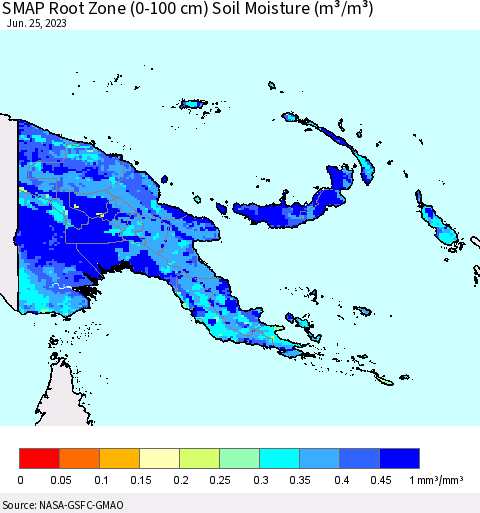 Papua New Guinea SMAP Root Zone (0-100 cm) Soil Moisture (m³/m³) Thematic Map For 6/21/2023 - 6/25/2023