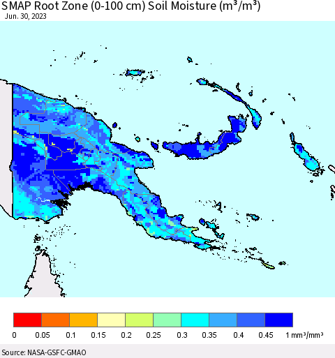 Papua New Guinea SMAP Root Zone (0-100 cm) Soil Moisture (m³/m³) Thematic Map For 6/26/2023 - 6/30/2023