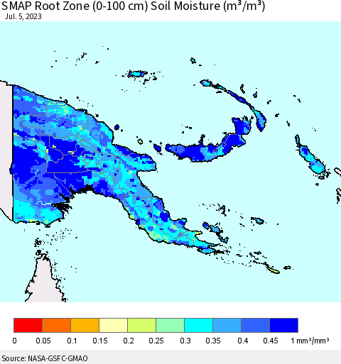 Papua New Guinea SMAP Root Zone (0-100 cm) Soil Moisture (m³/m³) Thematic Map For 7/1/2023 - 7/5/2023
