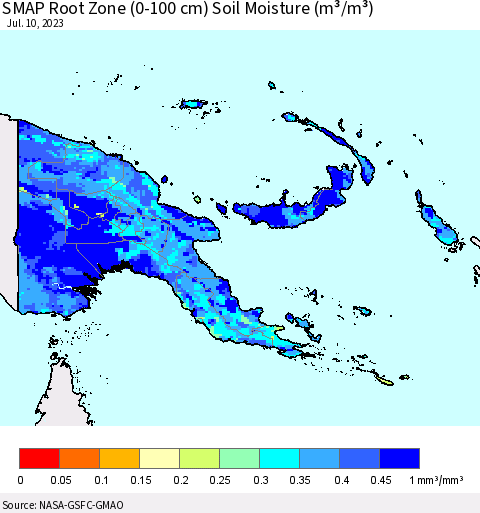 Papua New Guinea SMAP Root Zone (0-100 cm) Soil Moisture (m³/m³) Thematic Map For 7/6/2023 - 7/10/2023