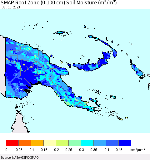 Papua New Guinea SMAP Root Zone (0-100 cm) Soil Moisture (m³/m³) Thematic Map For 7/11/2023 - 7/15/2023