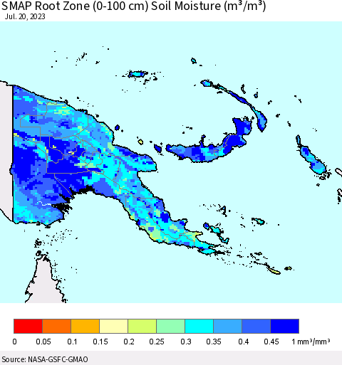 Papua New Guinea SMAP Root Zone (0-100 cm) Soil Moisture (m³/m³) Thematic Map For 7/16/2023 - 7/20/2023