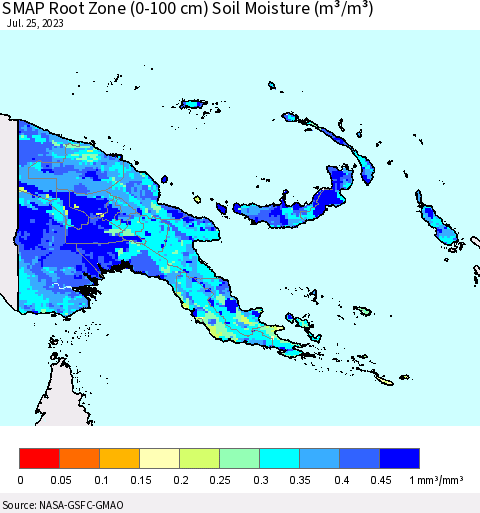 Papua New Guinea SMAP Root Zone (0-100 cm) Soil Moisture (m³/m³) Thematic Map For 7/21/2023 - 7/25/2023