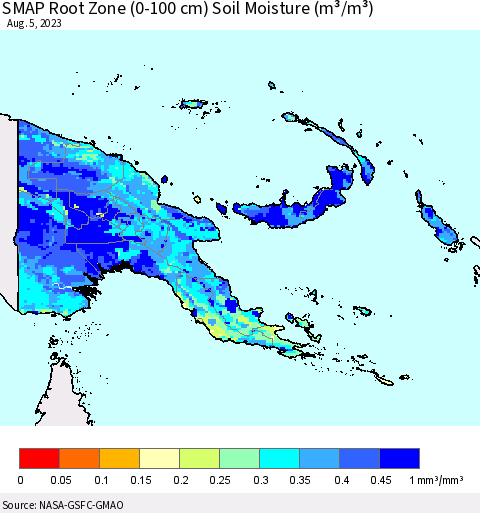 Papua New Guinea SMAP Root Zone (0-100 cm) Soil Moisture (m³/m³) Thematic Map For 8/1/2023 - 8/5/2023