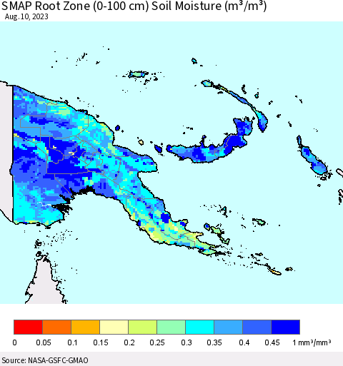 Papua New Guinea SMAP Root Zone (0-100 cm) Soil Moisture (m³/m³) Thematic Map For 8/6/2023 - 8/10/2023
