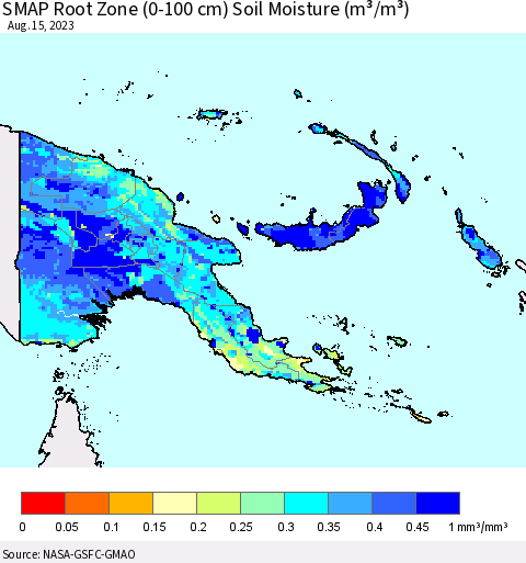 Papua New Guinea SMAP Root Zone (0-100 cm) Soil Moisture (m³/m³) Thematic Map For 8/11/2023 - 8/15/2023