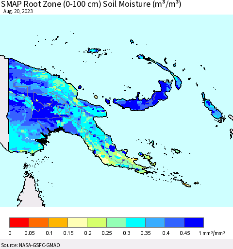 Papua New Guinea SMAP Root Zone (0-100 cm) Soil Moisture (m³/m³) Thematic Map For 8/16/2023 - 8/20/2023