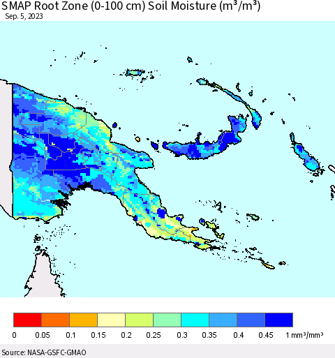 Papua New Guinea SMAP Root Zone (0-100 cm) Soil Moisture (m³/m³) Thematic Map For 9/1/2023 - 9/5/2023