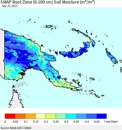 Papua New Guinea SMAP Root Zone (0-100 cm) Soil Moisture (m³/m³) Thematic Map For 9/21/2023 - 9/25/2023