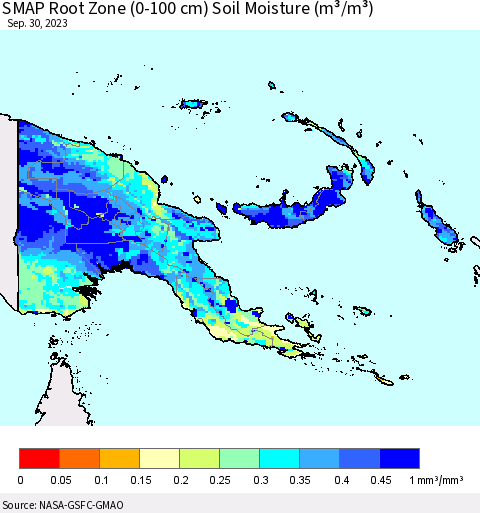 Papua New Guinea SMAP Root Zone (0-100 cm) Soil Moisture (m³/m³) Thematic Map For 9/26/2023 - 9/30/2023