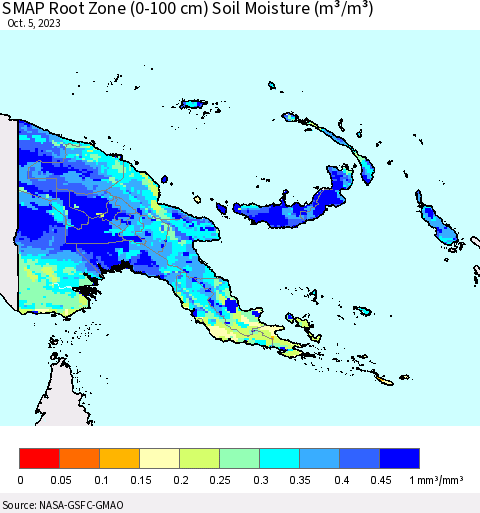 Papua New Guinea SMAP Root Zone (0-100 cm) Soil Moisture (m³/m³) Thematic Map For 10/1/2023 - 10/5/2023