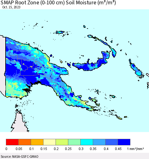 Papua New Guinea SMAP Root Zone (0-100 cm) Soil Moisture (m³/m³) Thematic Map For 10/11/2023 - 10/15/2023