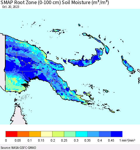 Papua New Guinea SMAP Root Zone (0-100 cm) Soil Moisture (m³/m³) Thematic Map For 10/16/2023 - 10/20/2023