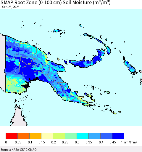 Papua New Guinea SMAP Root Zone (0-100 cm) Soil Moisture (m³/m³) Thematic Map For 10/21/2023 - 10/25/2023