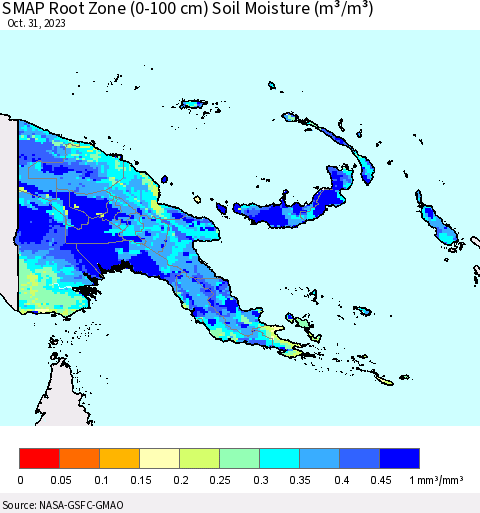 Papua New Guinea SMAP Root Zone (0-100 cm) Soil Moisture (m³/m³) Thematic Map For 10/26/2023 - 10/31/2023