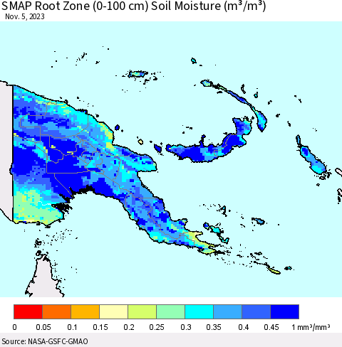 Papua New Guinea SMAP Root Zone (0-100 cm) Soil Moisture (m³/m³) Thematic Map For 11/1/2023 - 11/5/2023