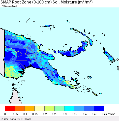 Papua New Guinea SMAP Root Zone (0-100 cm) Soil Moisture (m³/m³) Thematic Map For 11/6/2023 - 11/10/2023