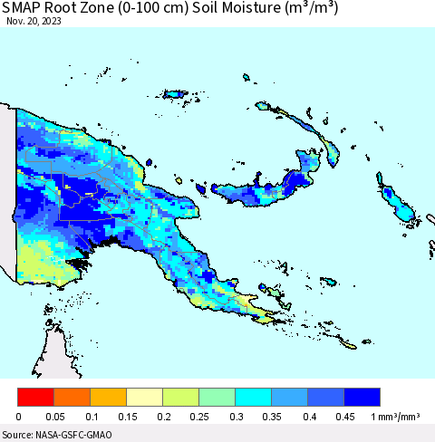 Papua New Guinea SMAP Root Zone (0-100 cm) Soil Moisture (m³/m³) Thematic Map For 11/16/2023 - 11/20/2023