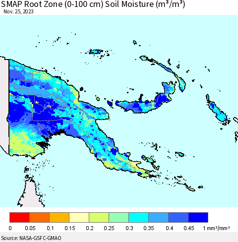 Papua New Guinea SMAP Root Zone (0-100 cm) Soil Moisture (m³/m³) Thematic Map For 11/21/2023 - 11/25/2023