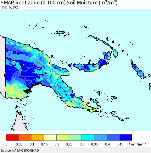 Papua New Guinea SMAP Root Zone (0-100 cm) Soil Moisture (m³/m³) Thematic Map For 12/1/2023 - 12/5/2023