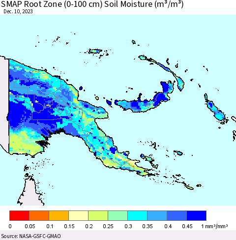 Papua New Guinea SMAP Root Zone (0-100 cm) Soil Moisture (m³/m³) Thematic Map For 12/6/2023 - 12/10/2023