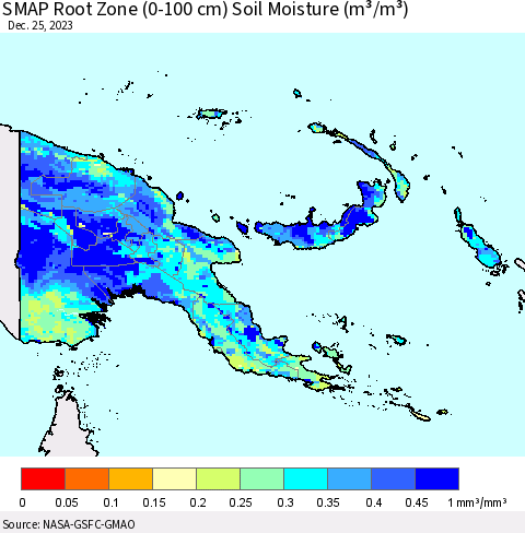 Papua New Guinea SMAP Root Zone (0-100 cm) Soil Moisture (m³/m³) Thematic Map For 12/21/2023 - 12/25/2023