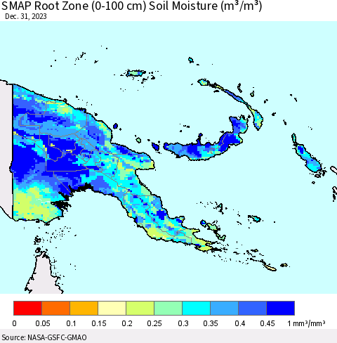 Papua New Guinea SMAP Root Zone (0-100 cm) Soil Moisture (m³/m³) Thematic Map For 12/26/2023 - 12/31/2023