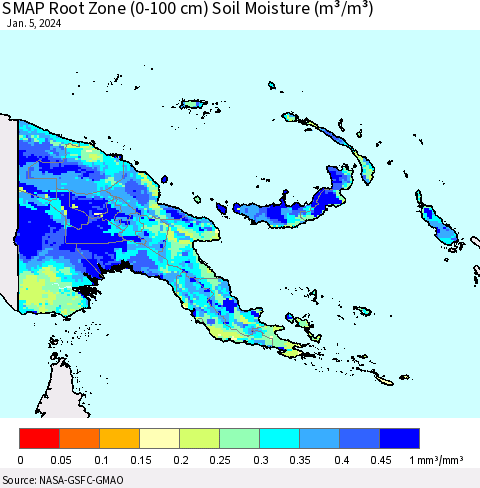 Papua New Guinea SMAP Root Zone (0-100 cm) Soil Moisture (m³/m³) Thematic Map For 1/1/2024 - 1/5/2024