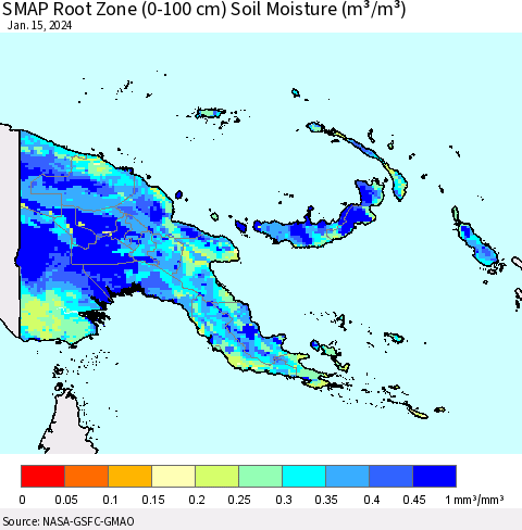 Papua New Guinea SMAP Root Zone (0-100 cm) Soil Moisture (m³/m³) Thematic Map For 1/11/2024 - 1/15/2024