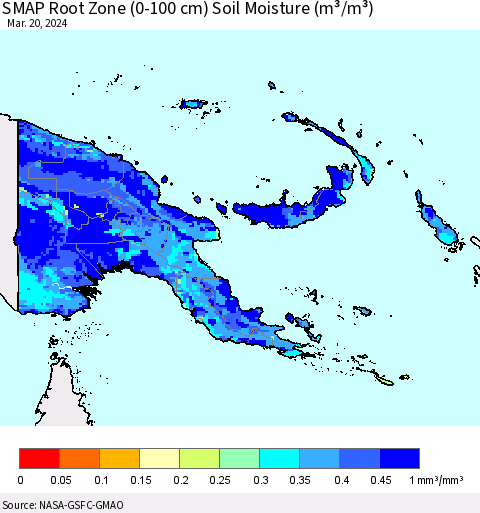 Papua New Guinea SMAP Root Zone (0-100 cm) Soil Moisture (m³/m³) Thematic Map For 3/16/2024 - 3/20/2024