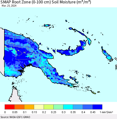 Papua New Guinea SMAP Root Zone (0-100 cm) Soil Moisture (m³/m³) Thematic Map For 3/21/2024 - 3/25/2024